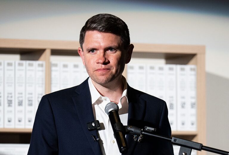 Texas Democratic Senate candidate James Talarico speaks at the Epstein files exhibit in Dallas on Sept. 10, 2026. (Bill Clark/CQ-Roll Call, Inc via Getty Images)