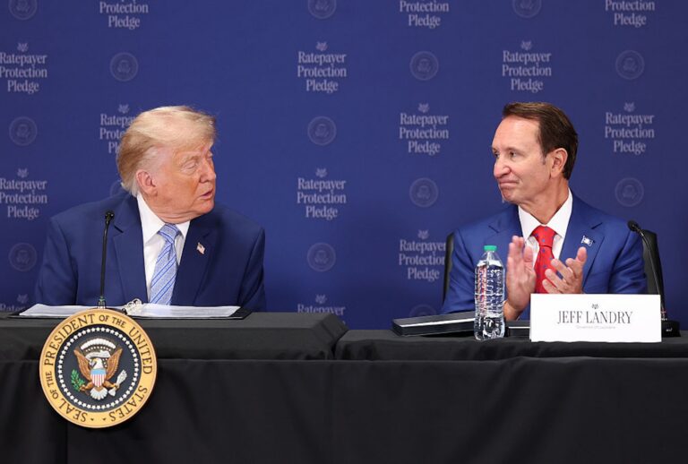 President Donald Trump looks to Louisiana's Republican Gov. Jeff Landry as he delivers remarks on the Ratepayer Protection Pledge during a roundtable at the Environmental Protection Agency headquarters on July 23, 2026. (Kevin Dietsch/Getty Images)