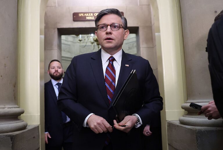 Speaker of the House Mike Johnson, R-La., speaks to reporters outside of his Capitol office on Sept. 16, 2026. (Kevin Dietsch/Getty Images)
