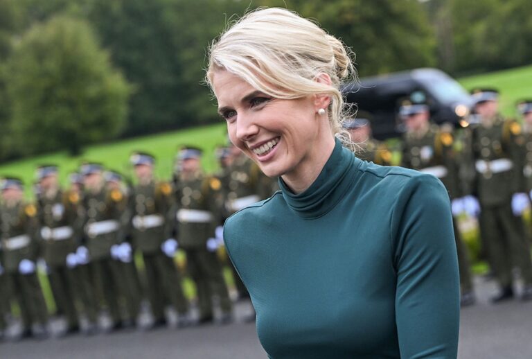 Natalie Harp, executive assistant to President Donald Trump, smiles as she arrives for an official welcoming ceremony inside the grounds of Aras an Uachtarain on Sept. 12, 2026, in Dublin, Ireland. (Artur Widak/NurPhoto via Getty Images)