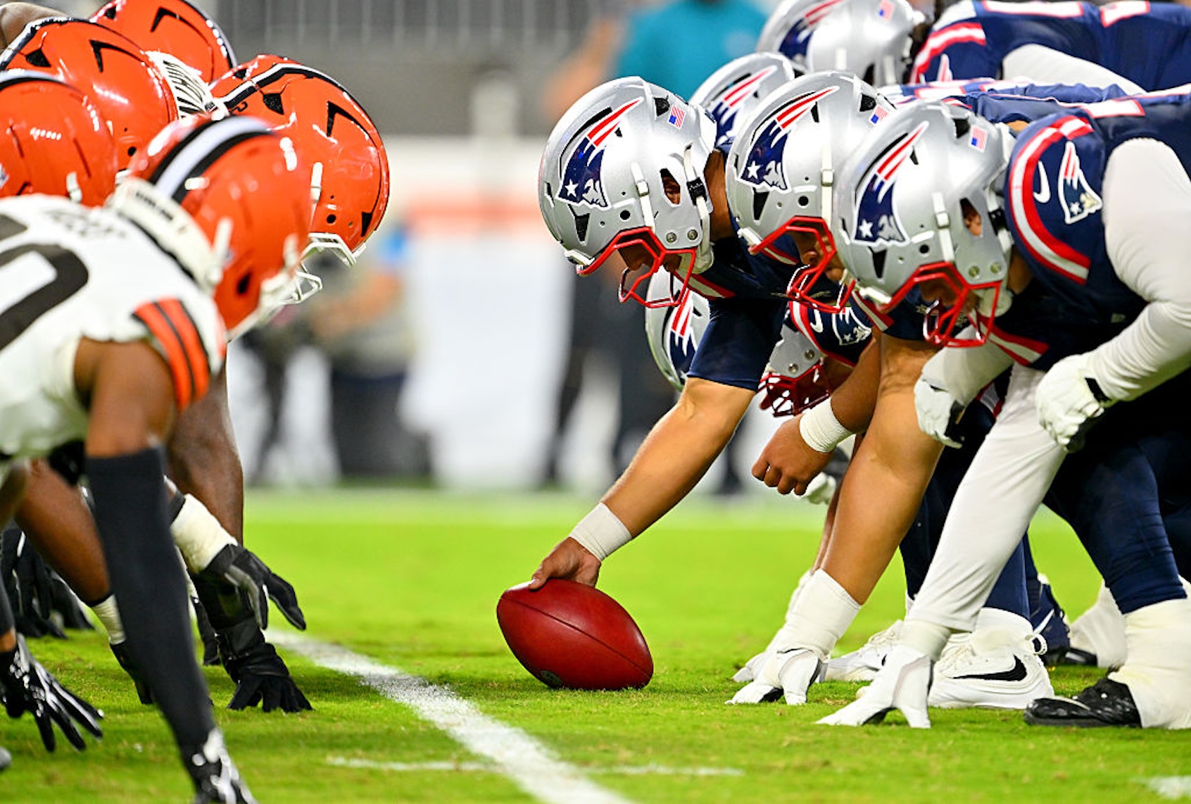 The New England Patriots face off against the Cleveland Browns during a preseason game on Aug. 27, 2026, in Cleveland, Ohio. (Jason Miller/Getty Images)
