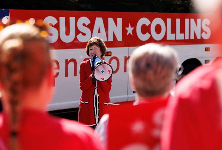 Sen. Susan Collins, R-Maine, greets supporters outside the Kittery Trading Post to kick off her reelection campaign bus tour of Maine on Aug. 14, 2026. (CJ Gunther/Getty Images)
