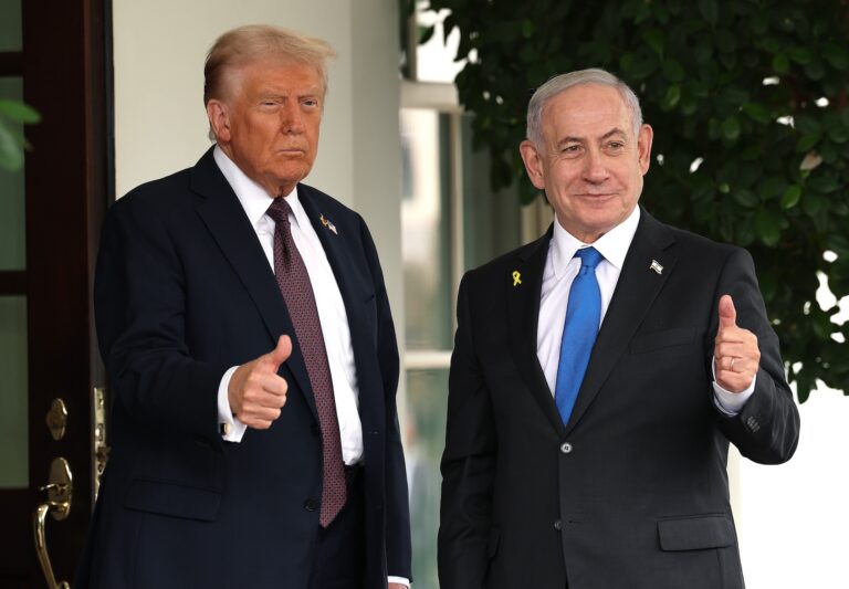 Donald Trump greets Israeli Prime Minister Benjamin Netanyahu at the White House, Sept. 29, 2025. (Win McNamee/Getty Images)