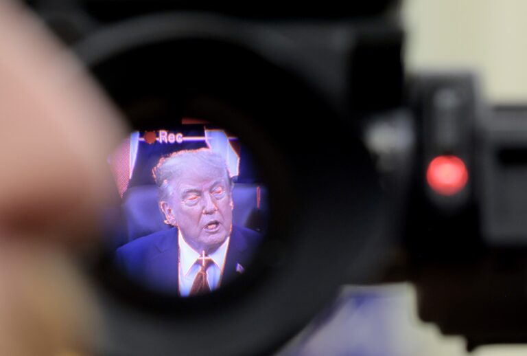 President Donald Trump is seen in the electronic viewfinder of a television camera as he speaks to reporters about healthcare in the Oval Office at the White House on September 18, 2026 in Washington, DC. (Photo by Chip Somodevilla/Getty Images)