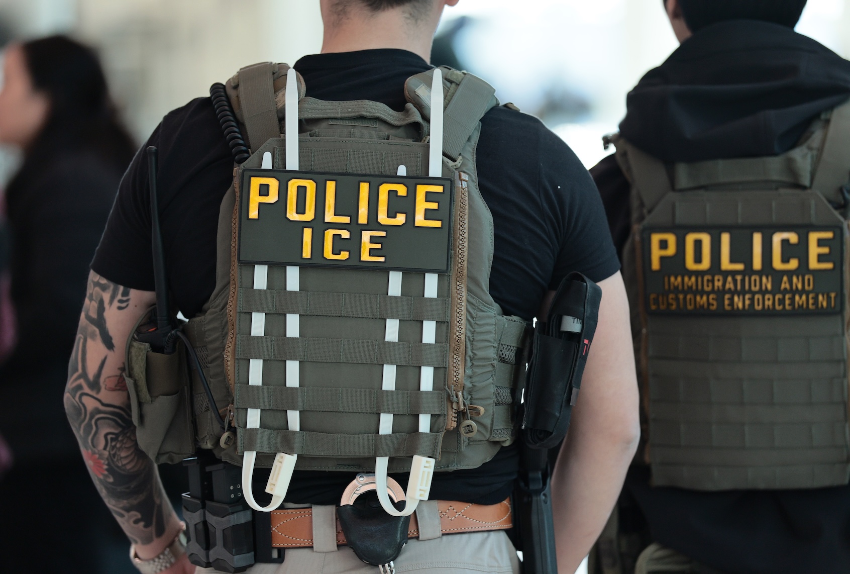 Immigration and Customs Enforcement agents patrol Terminal C at LaGuardia Airport on March 24, 2026 in New York, New York. (Photo by Michael M. Santiago/Getty Images)