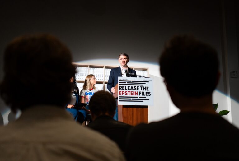 Texas Democratic Senate candidate James Talarico speaks alongside Epstein survivor Annie Farmer during an event at the Epstein Memorial Reading room on September 10, 2026 in Dallas, Texas. (Photo by Brandon Bell/Getty Images)