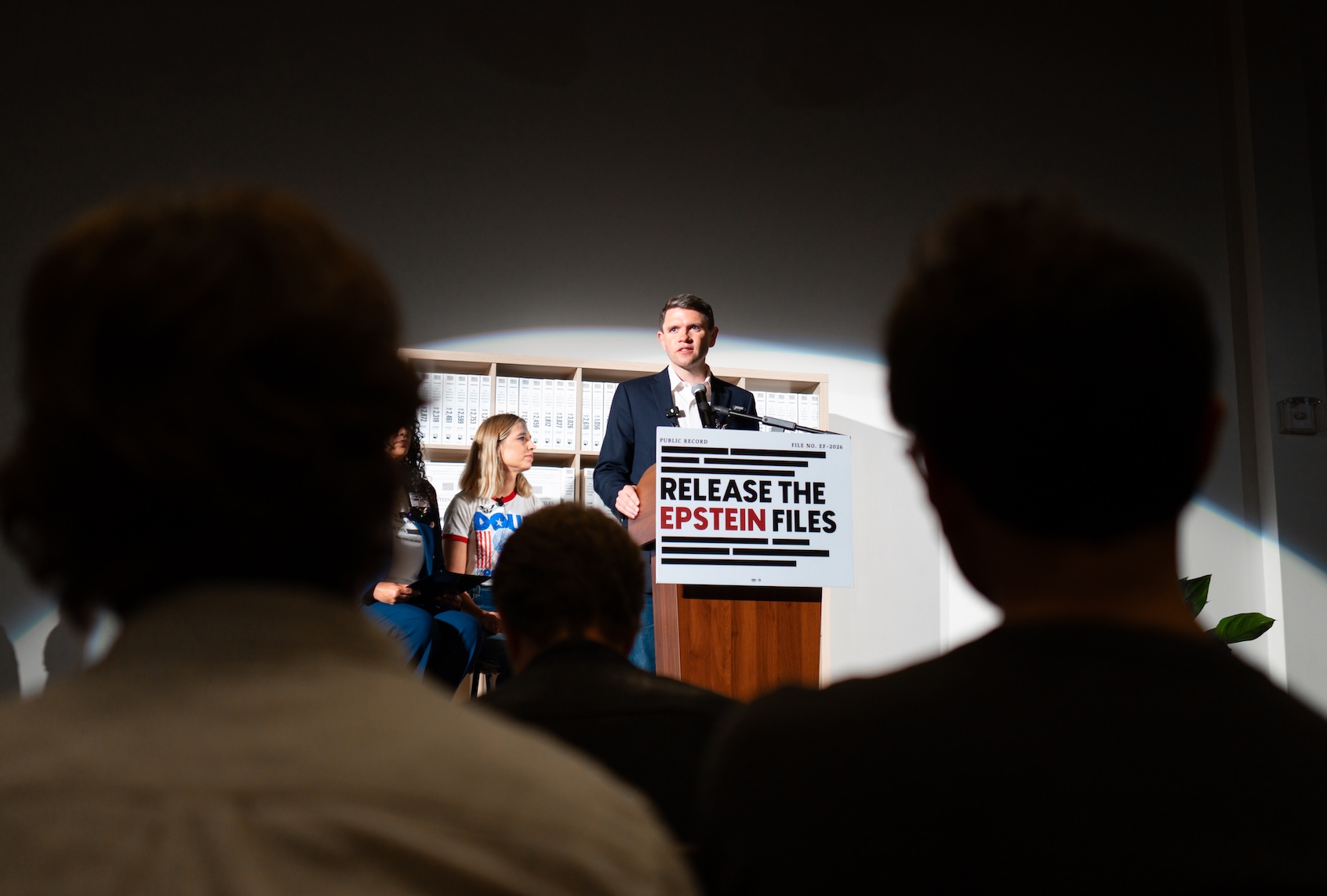 Texas Democratic Senate candidate James Talarico speaks alongside Epstein survivor Annie Farmer during an event at the Epstein Memorial Reading room on September 10, 2026 in Dallas, Texas. (Photo by Brandon Bell/Getty Images)