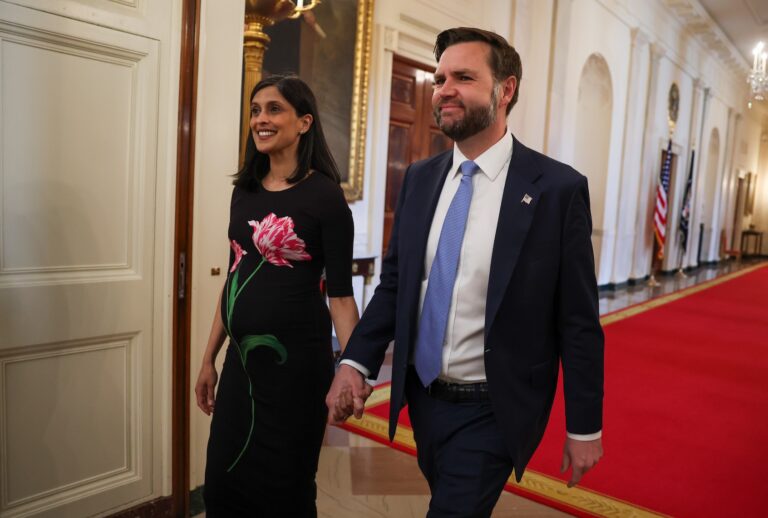 Second lady Usha Vance and Vice President JD Vance arrive for a military mothers celebration in the East Room of the White House on May 6, 2026. (Photo by Anna Moneymaker/Getty Images)
