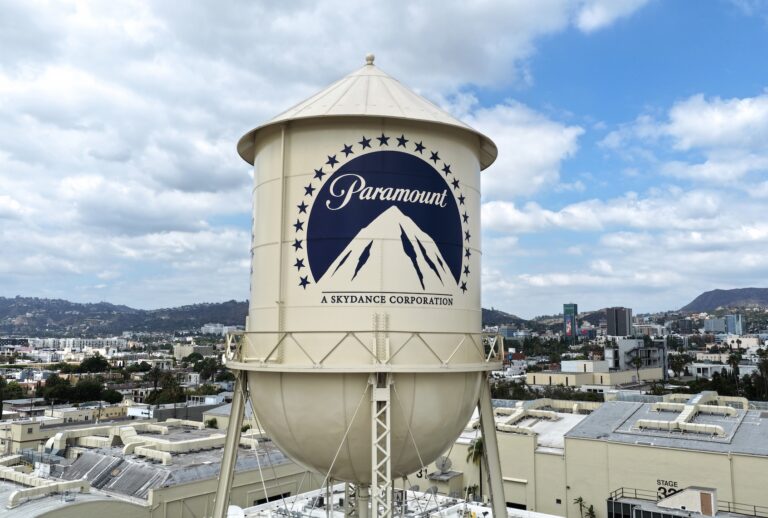 An aerial view of the Paramount logo displayed on the water tower at Paramount Studios on September 21, 2026. (Mario Tama/Getty Images)