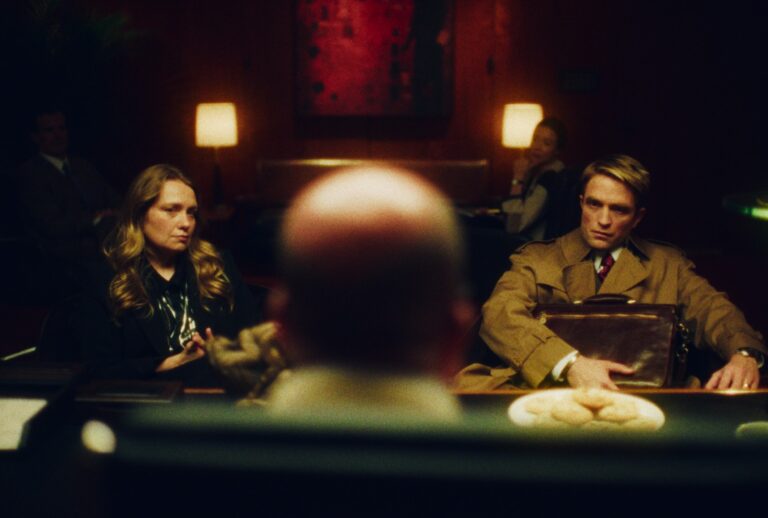 Merritt Wever and Robert Pattinson in "Primetime" (A24)