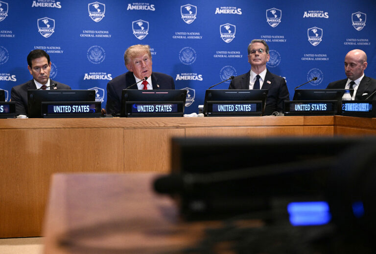 Secretary of State Marco Rubio, from left, President Donald Trump, Treasury Secretary Scott Bessent and White House deputy chief of staff Stephen Miller attend a Shield of the Americas meeting on the sidelines of the 81st United Nations General Assembly in New York on Tuesday, Sept. 22, 2026. (Brendan SMIALOWSKI / AFP via Getty Images)
