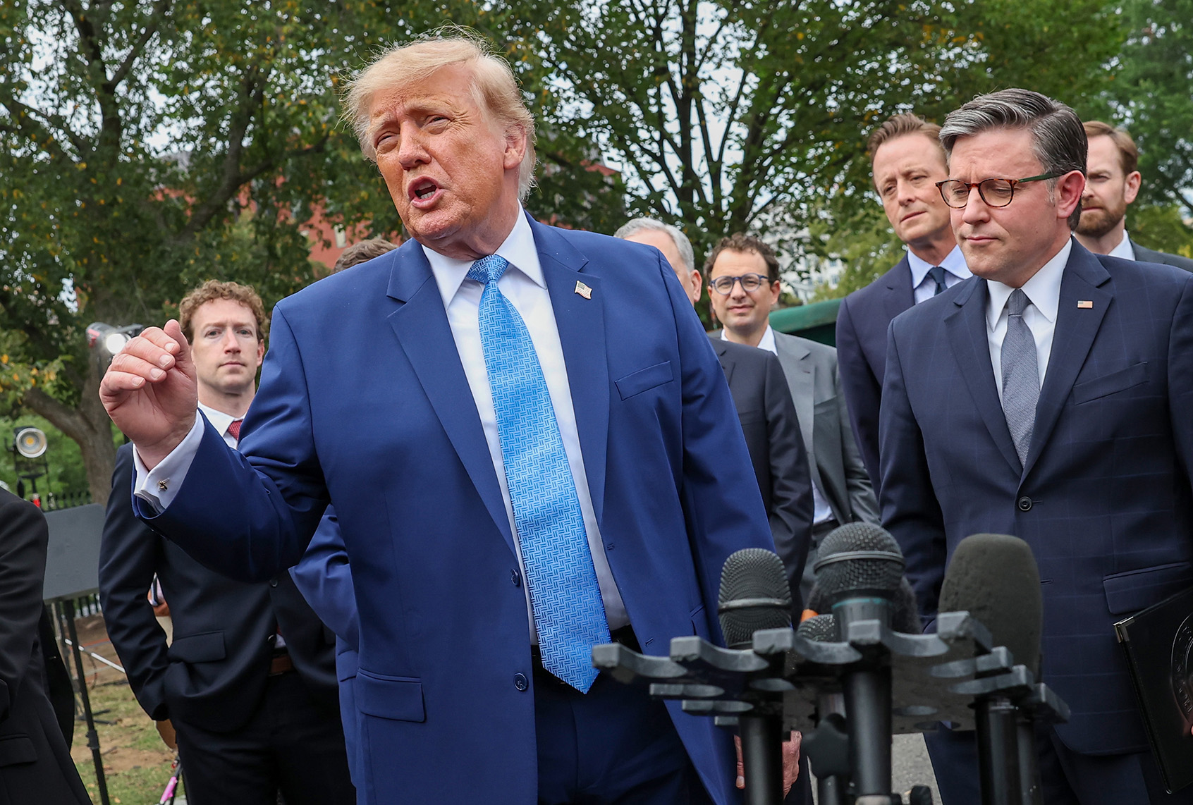 President Donald Trump speaks to reporters alongside AI executives outside the West Wing after a meeting on artificial intelligence, Tuesday, Sept. 29, 2026. (Kevin Dietsch/Getty Images)