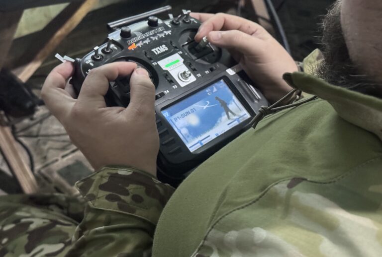 A Ukrainian soldier remotely controls P1-SUN FPV interceptor drone on September 1, 2026 in Dnipropetrovsk Oblast, Ukraine. (Alex Nikitenko/Global Images Ukraine via Getty Images)