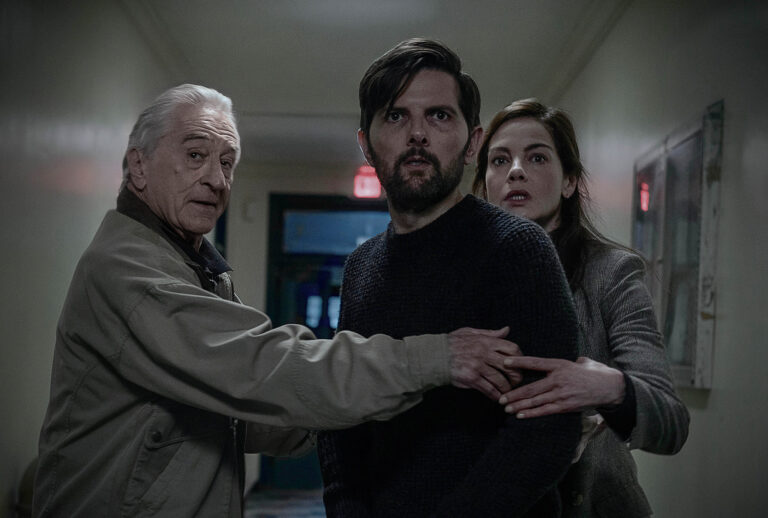 (L-R) Robert De Niro as Peter Willis, Adam Scott as Tom Kennedy and Michelle Monaghan as Amanda Beck in The Whisper Man (David Lee / Netflix © 2026)