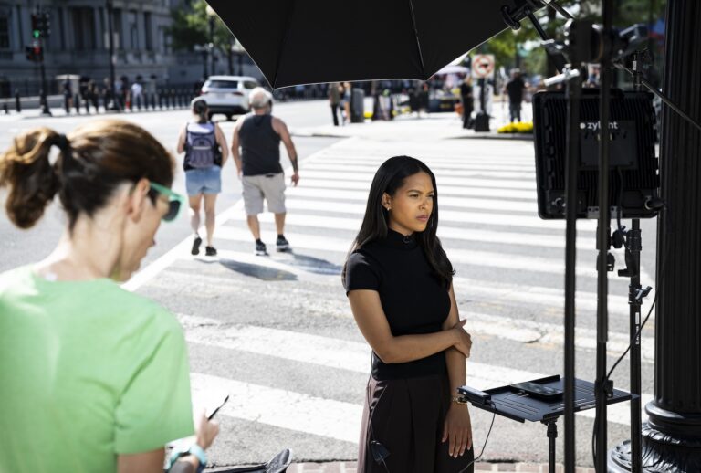 MS NOW White House Correspondent Akayla Gardner prepares for a television report on a street corner outside the White House grounds after earlier being denied entry, on September 19, 2026 in Washington, DC. (Photo by Graeme Sloan/Getty Images)
