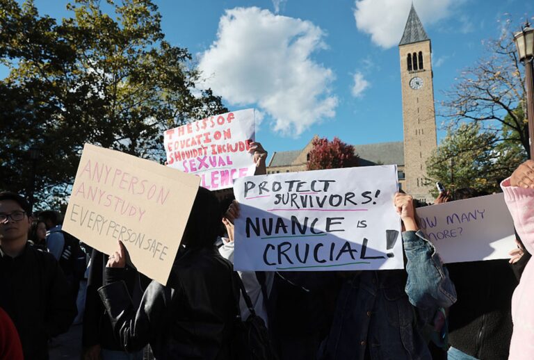 Hundreds of Cornell University students participate in a rally on Oct. 5, 2026, against the university’s actions after a student was allegedly sexually assaulted at a campus fraternity in 2024. (Spencer Platt/Getty Images)