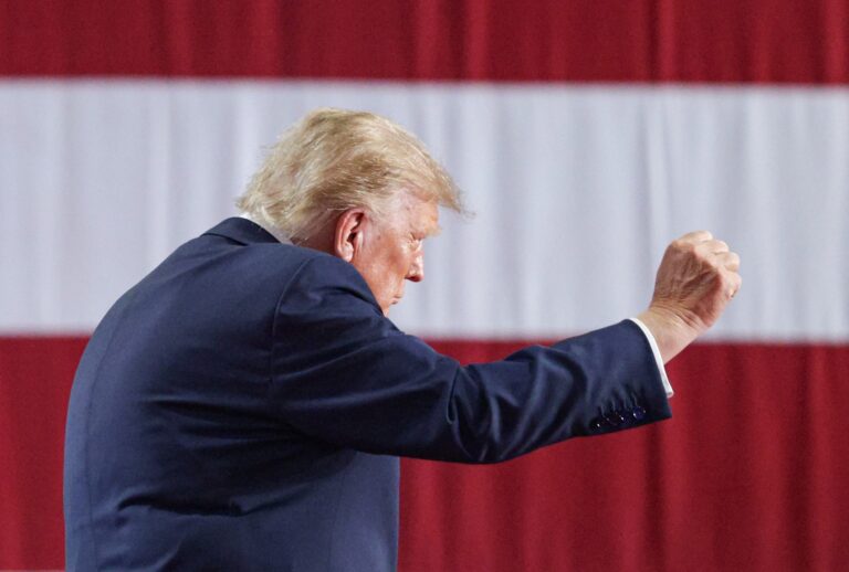 Donald Trump dances after speaking during an election rally at the Oncenter on October 09, 2026 in Syracuse, New York. (Photo by Alex Wong/Getty Images)