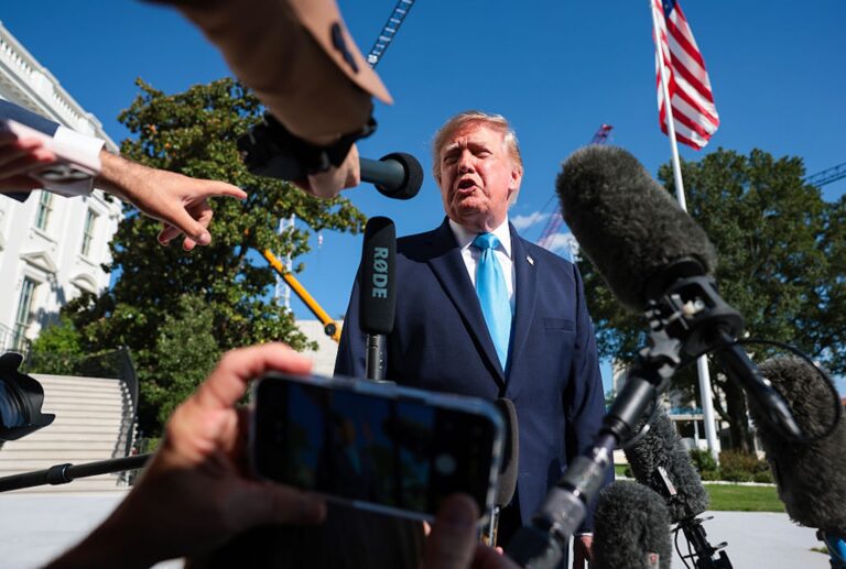 President Donald Trump speaks to reporters before boarding Marine One on the South Lawn of the White House on Oct. 5, 2026. (Anna Moneymaker/Getty Images)