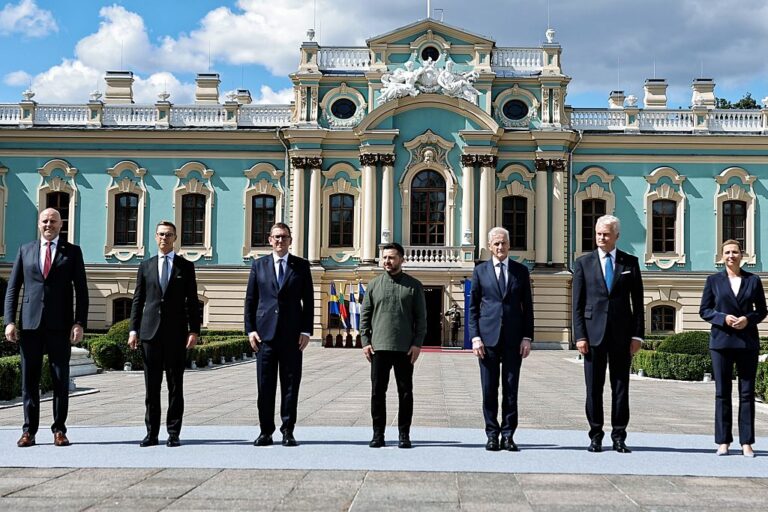 Ukrainian President Volodymyr Zelenskyy (center) met with leaders from Lativa, Finland, Estonia, Norway, Lithuania, and Denmark in Kyiv in August 2026 as a gathering of the Nordic-Baltic Eight, ahead of Ukraine's 35th anniversary of Independence from Russia. (Yan Dobronosov / Global Images Ukraine / Getty Images)