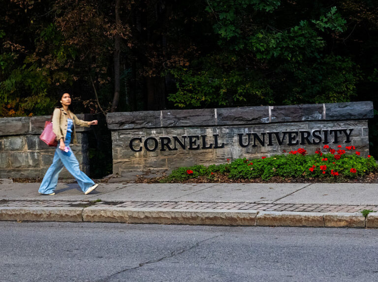 A student walks on the campus of Cornell University. The New York state attorney general announced a review of the university’s initial response to allegations by a former Cornell student that she was raped at a campus fraternity in 2024. (Spencer Platt / Getty Images)