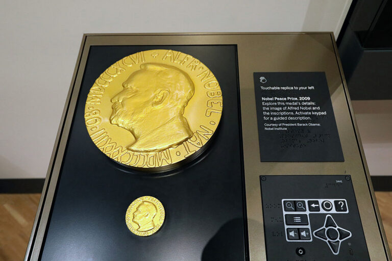 A touchable replica of the Nobel Peace Prize is on display at the Obama Presidential Center in Chicago. President Obama won the award in 2009. (Raymond Boyd / Getty Images)
