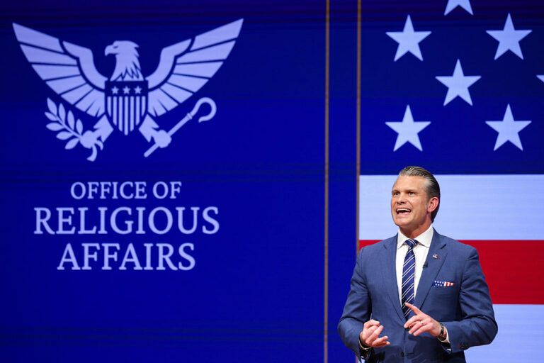 Defense Secretary Pete Hegseth announces a new Office of Religious Affairs as he gives a State of the Force address at Quanitico. (Alex Wong / Getty Images)