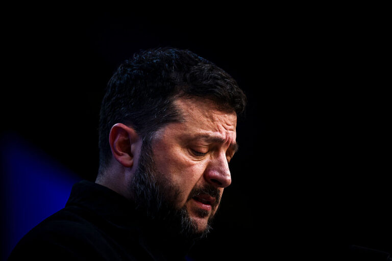 President Volodymyr Zelenskyy is still balancing diplomatic intervention and a country at war as Trump flip-flops on the US intervention proposals and who to side with in the conflict. (Nicolas Economou / NurPhoto / Getty Images)