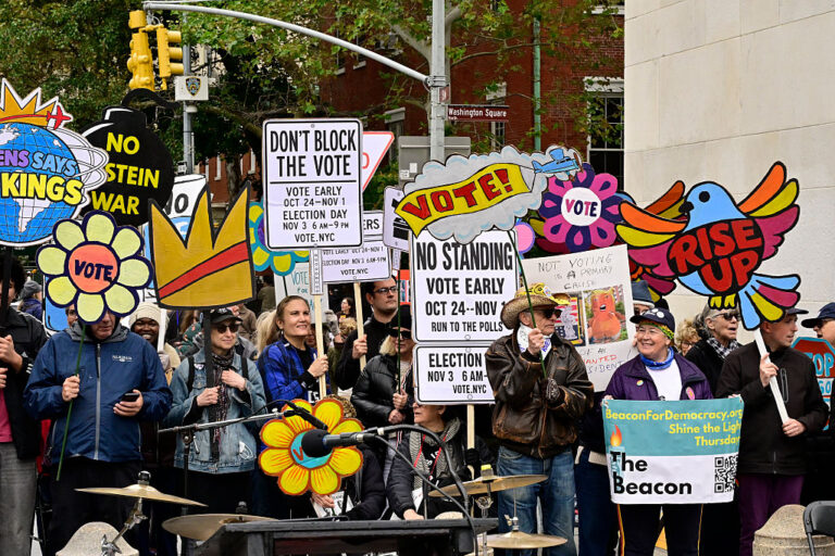 Protesters in New York turn up for the latest "No Kings" rally focusing on getting out the vote for the midterms. (Eugene Gologursky / Getty Images for MoveOn)