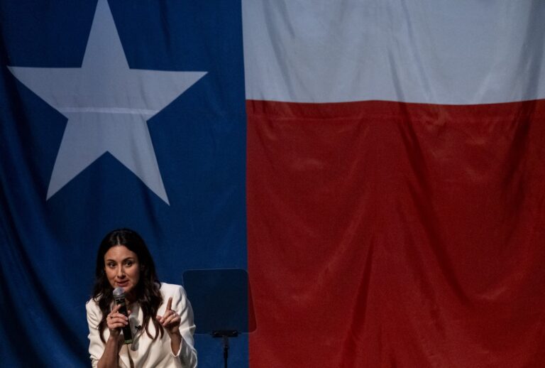 Democratic candidate for Texas governor Gina Hinojosa speaks during Democratic state Rep. James Talarico's New American Dream Tour in Killeen, Texas, on Friday, August 14, 2026. (Photo by Joel Angel Juarez for The Washington Post via Getty Images)