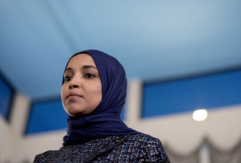 Rep. Ilhan Omar, D-Minn., speaks at Karmel Mall on Jan. 28, 2026 in Minneapolis, Minnesota. (Eric Thayer / Los Angeles Times via Getty Images)