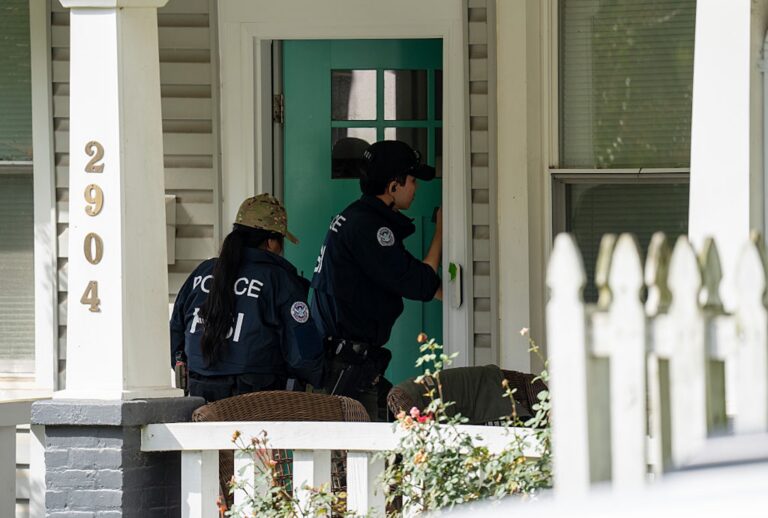 Homeland Security Investigations police search the home of Rep. Ilhan Omar, D-Minn., on Oct. 12, 2026 in Washington, D.C. (Andrew Leyden/Getty Images)