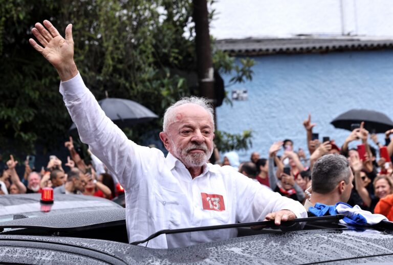 Luiz Inácio Lula Da Silva, incumbent president of Brazil and presidential candidate waves supporters after casting his vote during general election day on October 25, 2026 in Sao Paulo, Brazil. (Photo by Rodrigo Paiva/Getty Images)