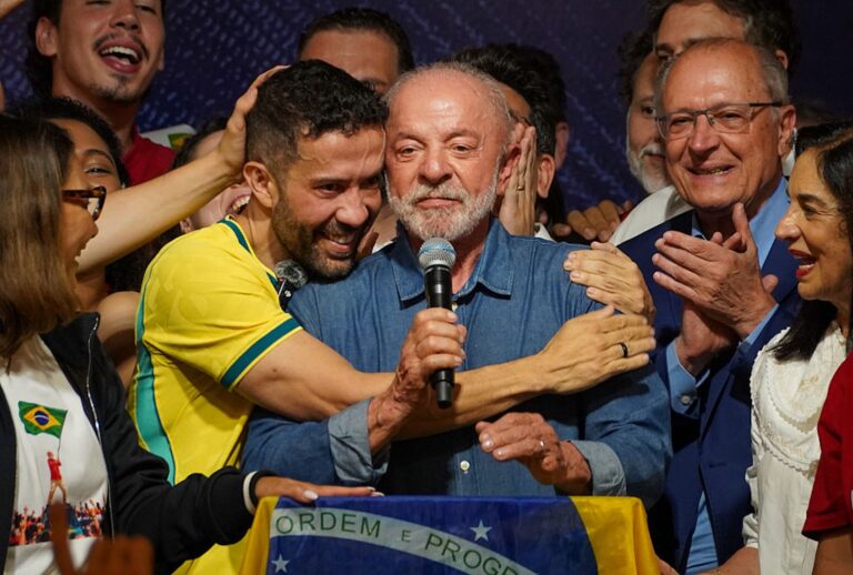 Re-elected President of Brazil Luiz Inacio Lula da Silva delivers a victory speech at his election headquarters in Sao Paulo, Brazil, on Oct. 25, 2026. (Nicolas Hernandez/Anadolu via Getty Images)