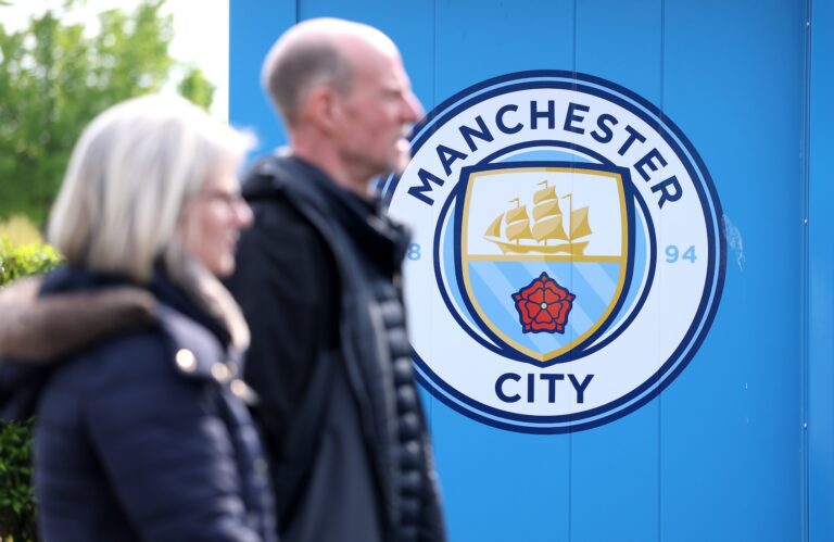 Sign outside Etihad Stadium in Manchester, England, May 9, 2026. (Michael Regan/Getty Images)