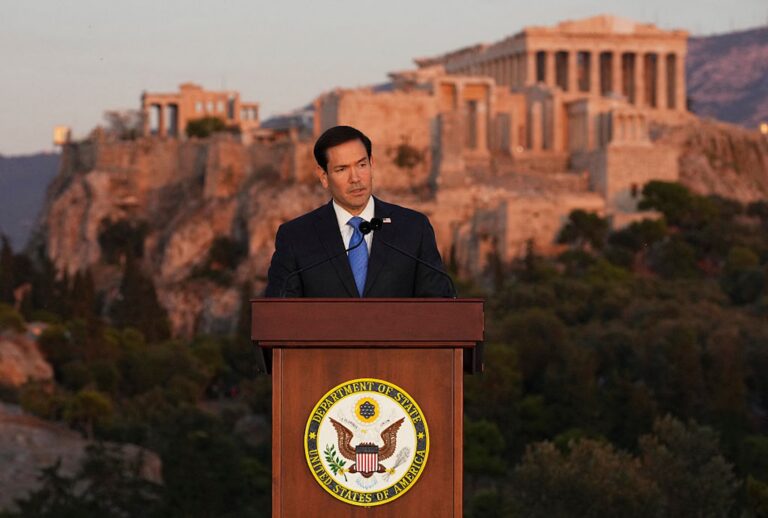 Secretary of State Marco Rubio speaks at the Pnyx hill in Athens, Greece, flanked by the Parthenon atop the Acropolis on Oct. 7, 2026. (Mark Schiefelbein / POOL / AFP via Getty Images)