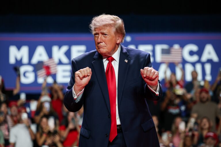Donald Trump dances as he leaves the stage after speaking at the Freeman Coliseum in San Antonio, Oct. 7, 2026. (Win McNamee/Getty Images)