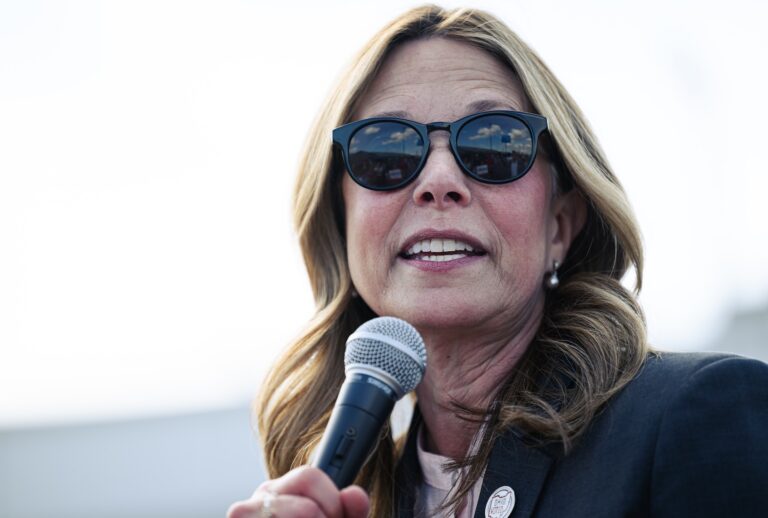 Dr. Amy Acton, Ohio Democratic gubernatorial candidate and former director of the Ohio Department of Health, speaks to supporters during a rally on April 28, 2026 in Cincinnati, Ohio. (Photo by Jon Cherry/Getty Images)