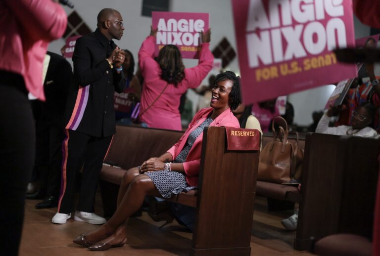Democratic U.S. Senate candidate, Florida state Rep. Angie Nixon participates in a worship service during a visit to the Ebenezer Missionary Baptist Church on August 17, 2026 in Hallandale Beach, Florida. Nixon, who previously protested on the floor of the state House with a bullhorn after Republicans redrew district lines, vies with retired Lt. Col. Alex Vindman in the August 18 primary. (Photo by Joe Raedle/Getty Images)