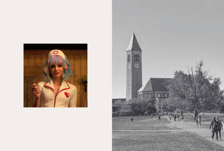 A scene from "Promising Young Woman," left, and Cornell University's campus in Ithaca, N.Y. (Illustration by Salon / Focus Features / Getty Images / Barry Winiker)
