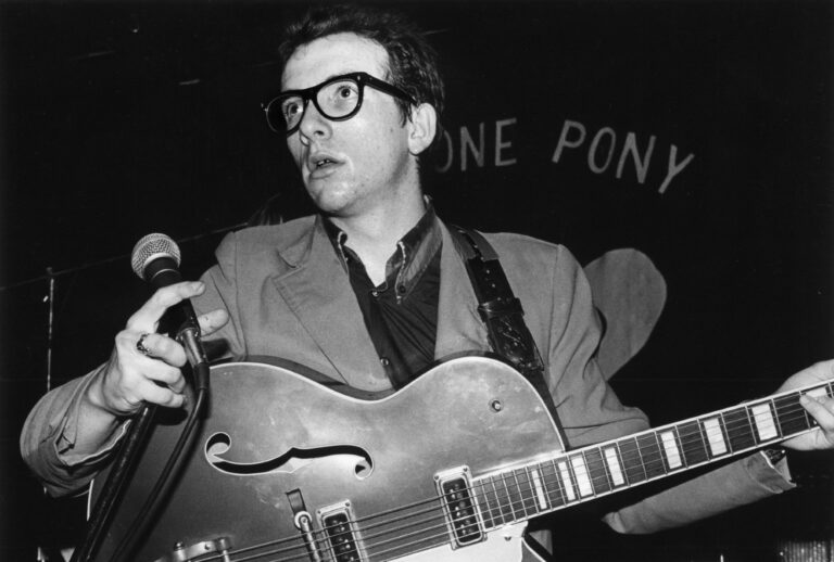 Elvis Costello performing on stage, 1977 (Ebet Roberts/Getty Images)