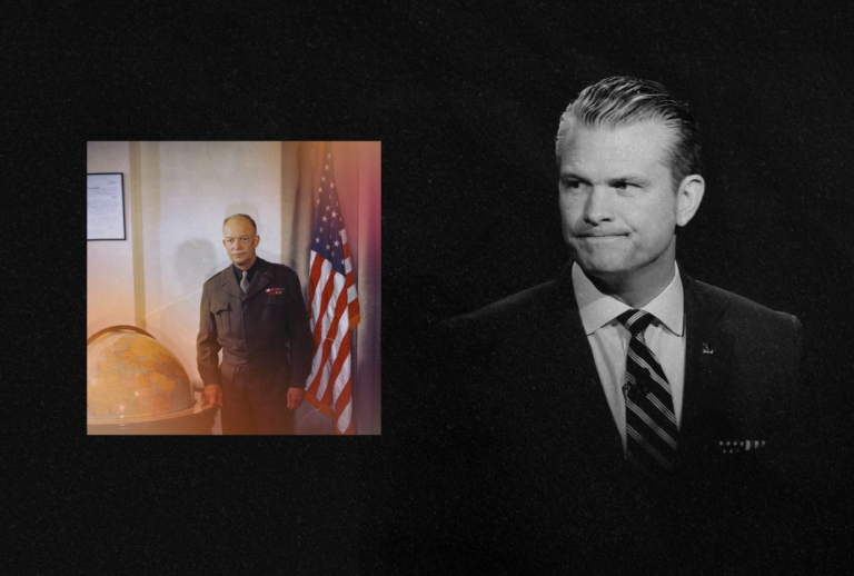 Gen. Dwight D. Eisenhower, left, and Defense Secretary Pete Hegseth (Illustration by Salon / Getty Images / Kevin Dietsch / Bettmann)