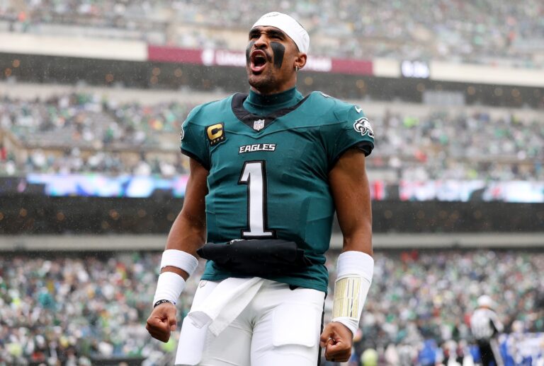 Jalen Hurts #1 of the Philadelphia Eagles yells before a game against the Los Angeles Rams at Lincoln Financial Field on October 04, 2026 in Philadelphia, Pennsylvania. (Photo by Emilee Chinn/Getty Images)
