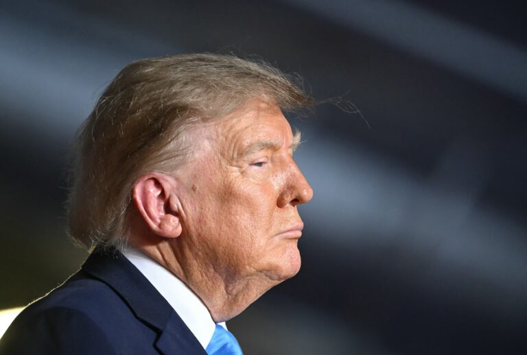 Donald Trump looks on during a campaign rally at Pinnacle Bank Expo Center in Grand Island, Nebraska, on October 5, 2026. (Photo by Kent NISHIMURA / AFP via Getty Images)