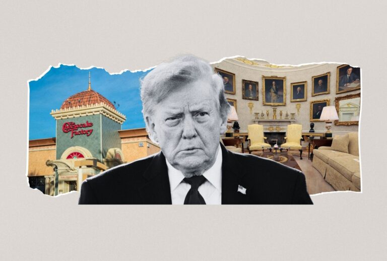 President Donald Trump has lashed out at former President Barack Obama for comparing the White House redecoration to a Cheesecake Factory (Illustration by Salon / Getty Images / Saul Loeb / Chip Somodevilla / LPETTET)