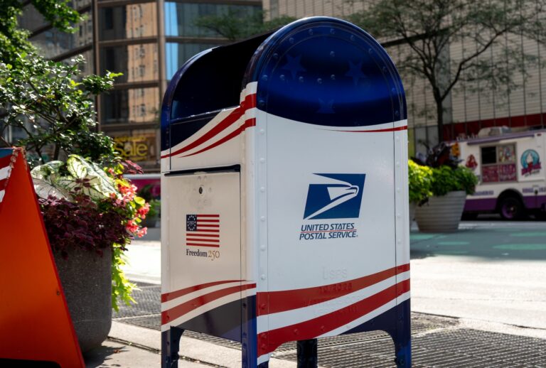 A United States Postal Service mail collection box is seen on a street in New York City, United States, on August 7, 2026. (Photo by Marcin Golba/NurPhoto via Getty Images)